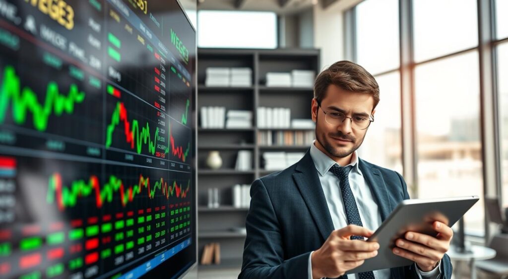 A close-up of a stock market trading screen displaying "WEGE3" stock prices and charts, with vivid green and red candlestick indicators highlighting market fluctuations. In the foreground, a well-dressed professional in business attire is analyzing data on a tablet, showcasing a serious and focused expression, indicating an active investment decision-making process. The middle ground features a sleek, modern office environment with large windows allowing soft, natural light to illuminate the space, enhancing the atmosphere of professionalism and urgency. In the background, shelves lined with financial literature and inspirational financial quotes create a motivating setting. The overall mood conveys determination and optimism in the world of stock investments. A close-up of a stock market trading screen displaying "WEGE3" stock prices and charts, with vivid green and red candlestick indicators highlighting market fluctuations. In the foreground, a well-dressed professional in business attire is analyzing data on a tablet, showcasing a serious and focused expression, indicating an active investment decision-making process. The middle ground features a sleek, modern office environment with large windows allowing soft, natural light to illuminate the space, enhancing the atmosphere of professionalism and urgency. In the background, shelves lined with financial literature and inspirational financial quotes create a motivating setting. The overall mood conveys determination and optimism in the world of stock investments.