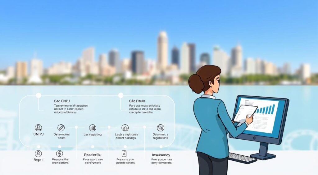 A detailed infographic depicting the process of opening a business in São Paulo, showcasing a streamlined flowchart. In the foreground, include icons representing key steps such as obtaining CNPJ, determining costs, and legal registrations. The middle ground features a professional individual in business attire, analyzing documents, and a computer with graphs indicating business metrics. In the background, a soft-focus skyline of São Paulo can be seen, with the iconic architectures of the city blending into a clear blue sky. Soft, natural lighting enhances the productivity atmosphere, and the image should have a clean and organized look, conveying clarity and professionalism. The overall mood is informative and approachable, ideal for educational content. A detailed infographic depicting the process of opening a business in São Paulo, showcasing a streamlined flowchart. In the foreground, include icons representing key steps such as obtaining CNPJ, determining costs, and legal registrations. The middle ground features a professional individual in business attire, analyzing documents, and a computer with graphs indicating business metrics. In the background, a soft-focus skyline of São Paulo can be seen, with the iconic architectures of the city blending into a clear blue sky. Soft, natural lighting enhances the productivity atmosphere, and the image should have a clean and organized look, conveying clarity and professionalism. The overall mood is informative and approachable, ideal for educational content.