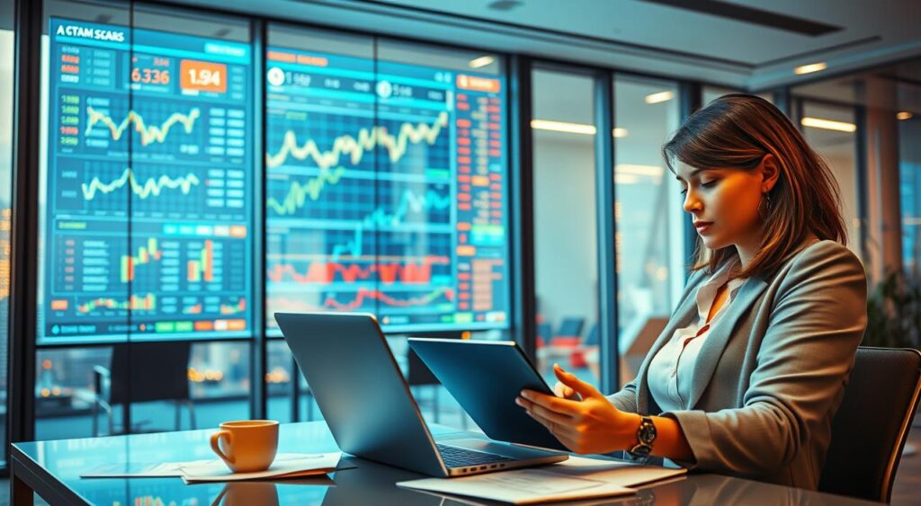 A dynamic office environment illustrating the growth of the day trade market in Brazil. In the foreground, a confident businesswoman in professional attire examines stock charts on her laptop, surrounded by financial documents and a coffee cup. In the middle ground, a large digital display shows fluctuating stock prices and graphs, emphasizing the fast-paced nature of trading. The background features a modern office with glass walls revealing a bustling cityscape, symbolizing the vibrant Brazilian economy. Soft, ambient lighting creates an optimistic atmosphere, with cool blue and warm orange tones blending harmoniously. The angle captures a sense of action and energy, reflecting the importance of selecting the right brokerage for successful trading. A dynamic office environment illustrating the growth of the day trade market in Brazil. In the foreground, a confident businesswoman in professional attire examines stock charts on her laptop, surrounded by financial documents and a coffee cup. In the middle ground, a large digital display shows fluctuating stock prices and graphs, emphasizing the fast-paced nature of trading. The background features a modern office with glass walls revealing a bustling cityscape, symbolizing the vibrant Brazilian economy. Soft, ambient lighting creates an optimistic atmosphere, with cool blue and warm orange tones blending harmoniously. The angle captures a sense of action and energy, reflecting the importance of selecting the right brokerage for successful trading.