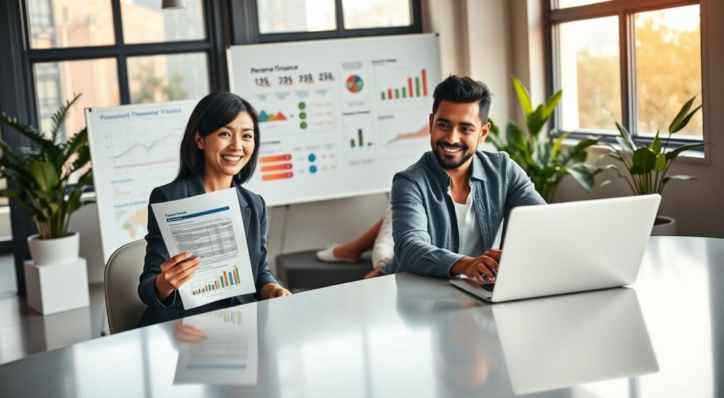 A modern and inviting workspace representing financial education in Brazil, featuring a diverse group of three professionals seated around a sleek table. In the foreground, a woman in a smart business outfit holds a financial report, while a man in casual yet professional attire points at charts on a laptop screen. The middle ground includes a whiteboard with colorful diagrams of personal finance concepts, such as budgeting, savings, and investments. In the background, large windows let in warm natural light, illuminating potted plants for a fresh atmosphere. The scene conveys a mood of collaboration and determination, emphasizing practical financial planning and education. The angle is slightly elevated to capture the camaraderie and focus of the professionals engaged in discussion. A modern and inviting workspace representing financial education in Brazil, featuring a diverse group of three professionals seated around a sleek table. In the foreground, a woman in a smart business outfit holds a financial report, while a man in casual yet professional attire points at charts on a laptop screen. The middle ground includes a whiteboard with colorful diagrams of personal finance concepts, such as budgeting, savings, and investments. In the background, large windows let in warm natural light, illuminating potted plants for a fresh atmosphere. The scene conveys a mood of collaboration and determination, emphasizing practical financial planning and education. The angle is slightly elevated to capture the camaraderie and focus of the professionals engaged in discussion.