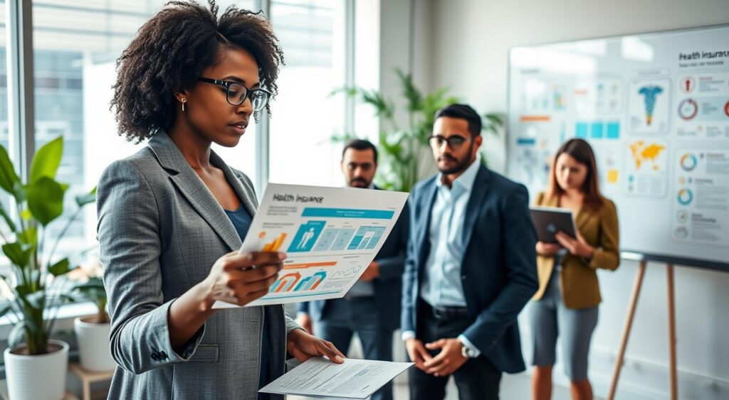 A modern, corporate office environment featuring a diverse group of professionals engaged in a discussion about health insurance options. In the foreground, a Black female business consultant explains an infographic on health plans, wearing a sleek blazer and glasses. In the middle ground, two Caucasian men in business attire attentively listen, with laptops open, while a Hispanic woman takes notes. The background shows a large window with natural light streaming in, a green plant for a touch of freshness, and a whiteboard filled with colorful diagrams related to health and insurance. The atmosphere is focused and collaborative, conveying the importance of understanding health insurance for businesses in Brazil. Use bright but soft lighting to enhance the professionalism of the scene.