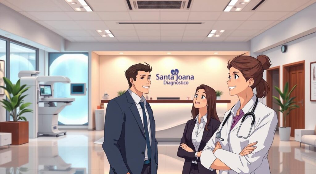 A modern healthcare diagnostic center, "Santa Joana Diagnóstico," set in an inviting and professional interior. In the foreground, a friendly healthcare professional in business attire consults with a patient, both appearing engaged and comfortable. The middle layer showcases sleek diagnostic equipment and modern examination rooms filled with natural light, highlighting advanced technology and cleanliness. The background features a well-organized reception area with distinct branding, incorporating calming colors and contemporary décor that convey a sense of trust and care. Soft, warm lighting enhances the welcoming atmosphere. The overall mood is friendly, professional, and reassuring, ideal for a healthcare setting, capturing the essence of Santa Joana Diagnóstico. A modern healthcare diagnostic center, "Santa Joana Diagnóstico," set in an inviting and professional interior. In the foreground, a friendly healthcare professional in business attire consults with a patient, both appearing engaged and comfortable. The middle layer showcases sleek diagnostic equipment and modern examination rooms filled with natural light, highlighting advanced technology and cleanliness. The background features a well-organized reception area with distinct branding, incorporating calming colors and contemporary décor that convey a sense of trust and care. Soft, warm lighting enhances the welcoming atmosphere. The overall mood is friendly, professional, and reassuring, ideal for a healthcare setting, capturing the essence of Santa Joana Diagnóstico.