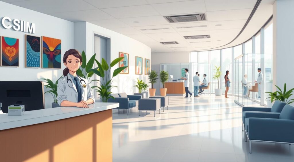 A modern healthcare facility interior, showcasing the institutional structure of Clínica SIM. In the foreground, a reception desk with a friendly staff member in professional attire, welcoming patients. The middle features a spacious waiting area filled with comfortable seating, vibrant artwork on the walls, and indoor plants creating a calming atmosphere. In the background, visible consultation rooms with glass partitions and medical professionals engaged with patients, highlighting a collaborative environment. Soft, natural lighting filtering through large windows illuminates the space, creating a warm and inviting mood. The angle captures the overall flow of the clinic, emphasizing efficiency and care. No people outside of the described scene. A modern healthcare facility interior, showcasing the institutional structure of Clínica SIM. In the foreground, a reception desk with a friendly staff member in professional attire, welcoming patients. The middle features a spacious waiting area filled with comfortable seating, vibrant artwork on the walls, and indoor plants creating a calming atmosphere. In the background, visible consultation rooms with glass partitions and medical professionals engaged with patients, highlighting a collaborative environment. Soft, natural lighting filtering through large windows illuminates the space, creating a warm and inviting mood. The angle captures the overall flow of the clinic, emphasizing efficiency and care. No people outside of the described scene.