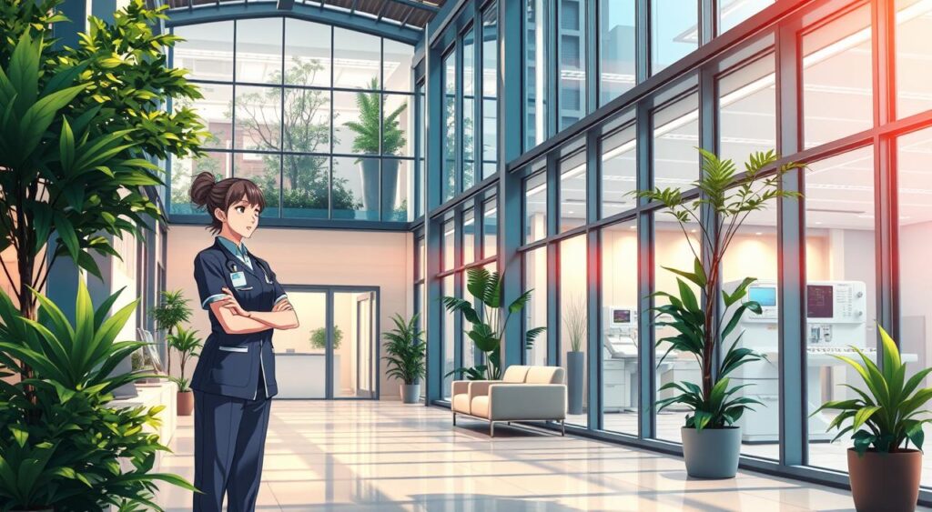 A modern healthcare unit featuring sleek glass and steel architecture, surrounded by lush greenery. In the foreground, a professional nurse in a smart uniform stands confidently, engaging with a high-tech digital information display. The middle ground includes an inviting reception area with comfortable seating and welcoming lighting. In the background, well-designed exam rooms can be seen through large windows, showcasing cutting-edge medical equipment. The overall atmosphere conveys a sense of innovation, care, and accessibility, enhanced by warm, natural light filtering through the facility. The image should be captured from a slightly elevated angle, emphasizing the open and airy layout while maintaining a focus on the nurse and the advanced infrastructure. A modern healthcare unit featuring sleek glass and steel architecture, surrounded by lush greenery. In the foreground, a professional nurse in a smart uniform stands confidently, engaging with a high-tech digital information display. The middle ground includes an inviting reception area with comfortable seating and welcoming lighting. In the background, well-designed exam rooms can be seen through large windows, showcasing cutting-edge medical equipment. The overall atmosphere conveys a sense of innovation, care, and accessibility, enhanced by warm, natural light filtering through the facility. The image should be captured from a slightly elevated angle, emphasizing the open and airy layout while maintaining a focus on the nurse and the advanced infrastructure.