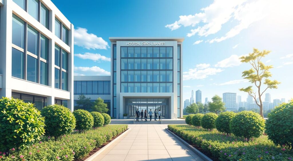 A modern, high-tech view of Hospital Sírio-Libanês, showcasing its distinctive architecture with large glass windows and a sleek façade. In the foreground, a well-maintained garden with neatly trimmed bushes and flowers; a pathway leading to the entrance is visible. In the middle, the hospital building rises prominently, highlighting the main entrance with automatic sliding glass doors and visitors entering the facility. The background features a clear blue sky with soft clouds and the bustling city skyline, emphasizing the hospital's urban setting. Soft, natural lighting illuminates the scene, creating an inviting atmosphere. The image captures professionalism and care, perfect for illustrating institutional information about the hospital while maintaining a calm and reassuring mood.