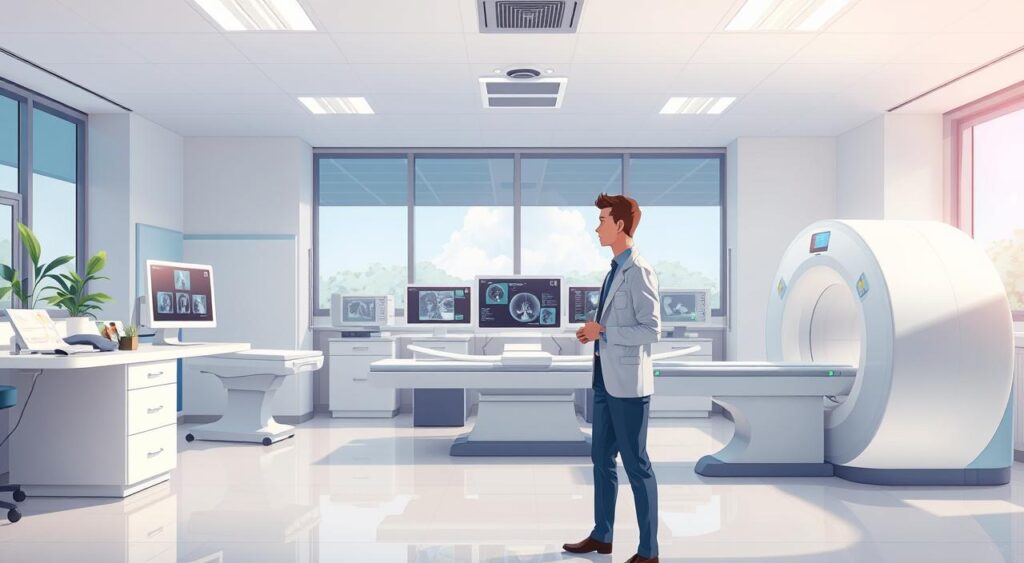 A modern hospital imaging department scene at Hospital Samaritano, showcasing high-tech diagnostic equipment like MRI and CT machines in a clean, well-lit environment. In the foreground, a medical professional in smart attire is interacting with advanced imaging technology. In the middle, various imaging machines are systematically arranged, with digital screens displaying graphics related to diagnostic processes. The background features soft, soothing colors, large windows allowing natural light to filter in, and subtle greenery for a calming atmosphere. The image should radiate a sense of advanced technology, professionalism, and care, emphasizing the hospital's commitment to high-quality diagnostics. Bright yet gentle lighting enhances the clarity of the scene, creating a welcoming and reassuring ambiance.