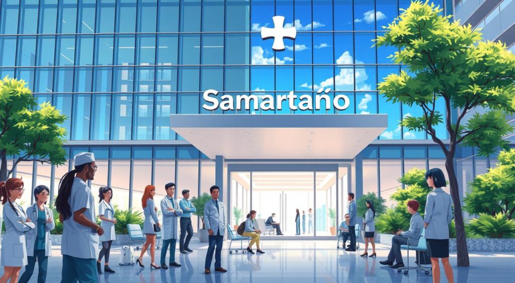 A modern hospital scene portraying Hospital Samaritano, featuring a sleek glass and steel exterior showcasing a welcoming entrance. In the foreground, diverse healthcare professionals in professional attire, such as doctors and nurses, interact with patients, emphasizing compassion and care. The middle ground includes patients comfortably seated in a bright, airy reception area filled with natural light from large windows. The background features a clear blue sky and lush greenery around the building, symbolizing hope and healing. Utilize soft, warm lighting to create an inviting atmosphere, captured from a slightly elevated angle to provide a comprehensive view of the hospital's facade and its surroundings. The overall mood should be one of professionalism, comfort, and assurance in a healthcare setting. A modern hospital scene portraying Hospital Samaritano, featuring a sleek glass and steel exterior showcasing a welcoming entrance. In the foreground, diverse healthcare professionals in professional attire, such as doctors and nurses, interact with patients, emphasizing compassion and care. The middle ground includes patients comfortably seated in a bright, airy reception area filled with natural light from large windows. The background features a clear blue sky and lush greenery around the building, symbolizing hope and healing. Utilize soft, warm lighting to create an inviting atmosphere, captured from a slightly elevated angle to provide a comprehensive view of the hospital's facade and its surroundings. The overall mood should be one of professionalism, comfort, and assurance in a healthcare setting.