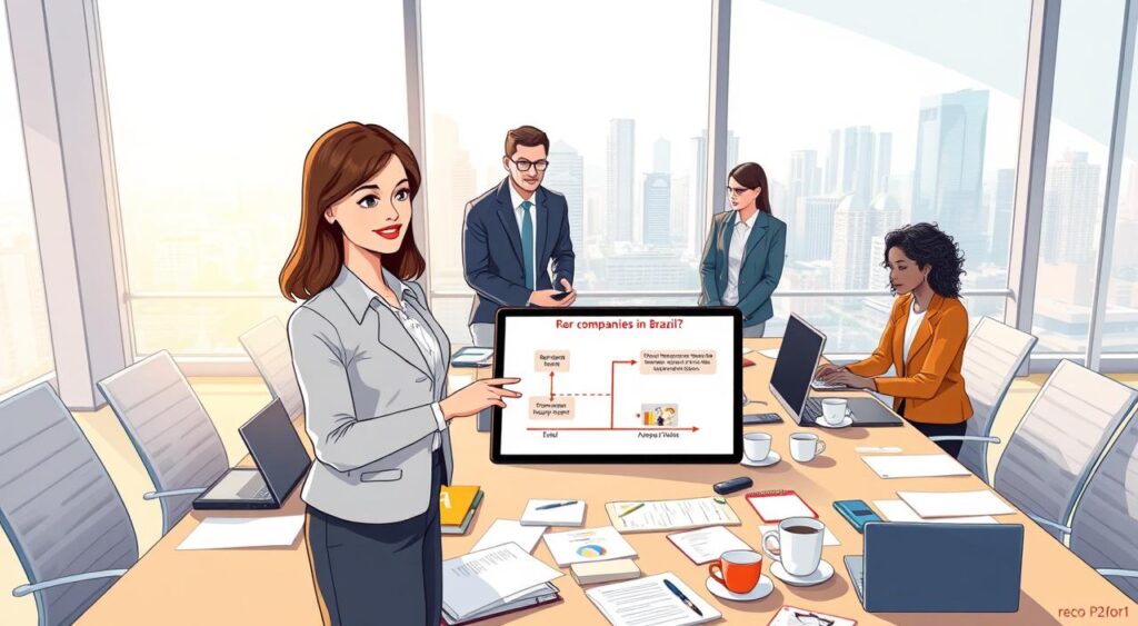 A modern office environment depicting a diverse group of professionals (two men and two women) in business attire, engaged in a collaborative discussion about the legal framework for opening companies in Brazil. In the foreground, a well-dressed woman points to a digital tablet displaying a flowchart of the "REDESIM" process, illustrating steps and requirements. The middle ground contains a large conference table cluttered with documents, laptops, and coffee cups. In the background, a large window reveals a bustling cityscape with skyscrapers under bright daylight. The overall atmosphere is of productivity and professionalism, with soft, natural lighting enhancing the scene. Capture a wide-angle view to encompass both the human interaction and the workspace dynamics.