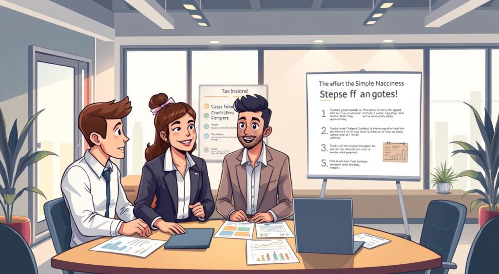 A modern office environment showcasing the concept of the Simples Nacional tax regime. In the foreground, a diverse group of three professionals (two men and one woman) in business attire, engaged in a discussion around a table with a laptop and documents featuring graphs and charts. The middle ground includes a well-organized workspace, with a whiteboard displaying key points about the benefits of the tax regime and steps to open a business. In the background, large windows let in natural light, illuminating the scene and creating an inviting atmosphere. The overall mood is one of collaboration and optimism, emphasizing the potential for small business success under the Simples Nacional scheme. Soft, warm lighting enhances the professional yet approachable feel of the environment.