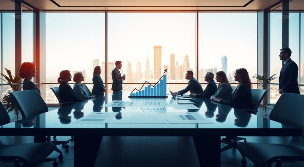 A modern office environment with a large conference table in the foreground, surrounded by business professionals in suits discussing mergers and acquisitions. The middle ground features charts and graphs displaying upward trends, symbolizing growth and potential. In the background, a large window reveals a city skyline under a clear blue sky, suggesting a bright future. Soft, natural lighting floods the scene, creating a warm but professional atmosphere. A low-angle perspective emphasizes the importance of the discussion and showcases the energy in the room. The image should convey a sense of collaboration and ambition, reflecting the theme of mergers and acquisitions in a corporate setting.