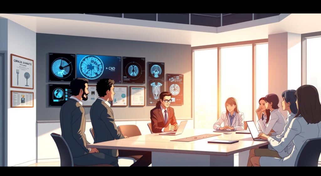 A modern office setting featuring the CDPI (Centro de Diagnóstico por Imagem) in Rio de Janeiro. The foreground shows a professional business team engaged in a discussion around a sleek conference table, with diverse members dressed in smart business attire. In the middle ground, the walls are adorned with images of medical imaging technology and certificates, showcasing their commitment to modern healthcare. The background reveals large windows that let in natural light, casting a warm, inviting glow across the room. The atmosphere is one of professionalism and innovation, emphasizing the institutional structure and mission of CDPI. The lighting is bright yet soft, creating a welcoming environment, captured from a slightly elevated angle. A modern office setting featuring the CDPI (Centro de Diagnóstico por Imagem) in Rio de Janeiro. The foreground shows a professional business team engaged in a discussion around a sleek conference table, with diverse members dressed in smart business attire. In the middle ground, the walls are adorned with images of medical imaging technology and certificates, showcasing their commitment to modern healthcare. The background reveals large windows that let in natural light, casting a warm, inviting glow across the room. The atmosphere is one of professionalism and innovation, emphasizing the institutional structure and mission of CDPI. The lighting is bright yet soft, creating a welcoming environment, captured from a slightly elevated angle.