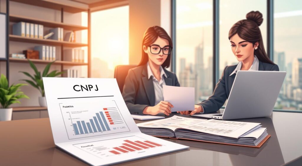 A modern office workspace scene focusing on a professional businesswoman in business attire seated at a sleek desk, analyzing important documents representing the CNPJ (Cadastro Nacional da Pessoa Jurídica) on her laptop. In the foreground, a close-up of papers displaying graphs and financial data related to business formalization. The middle layer shows shelves filled with business books and a potted plant for a touch of greenery. In the background, a large window with natural light pouring in, revealing a view of a bustling cityscape, symbolizing opportunity. Soft, warm lighting enhances a focused and professional atmosphere, with a shallow depth of field blurring the background slightly, emphasizing the subject's determination in the process of formalizing her business. A modern office workspace scene focusing on a professional businesswoman in business attire seated at a sleek desk, analyzing important documents representing the CNPJ (Cadastro Nacional da Pessoa Jurídica) on her laptop. In the foreground, a close-up of papers displaying graphs and financial data related to business formalization. The middle layer shows shelves filled with business books and a potted plant for a touch of greenery. In the background, a large window with natural light pouring in, revealing a view of a bustling cityscape, symbolizing opportunity. Soft, warm lighting enhances a focused and professional atmosphere, with a shallow depth of field blurring the background slightly, emphasizing the subject's determination in the process of formalizing her business.