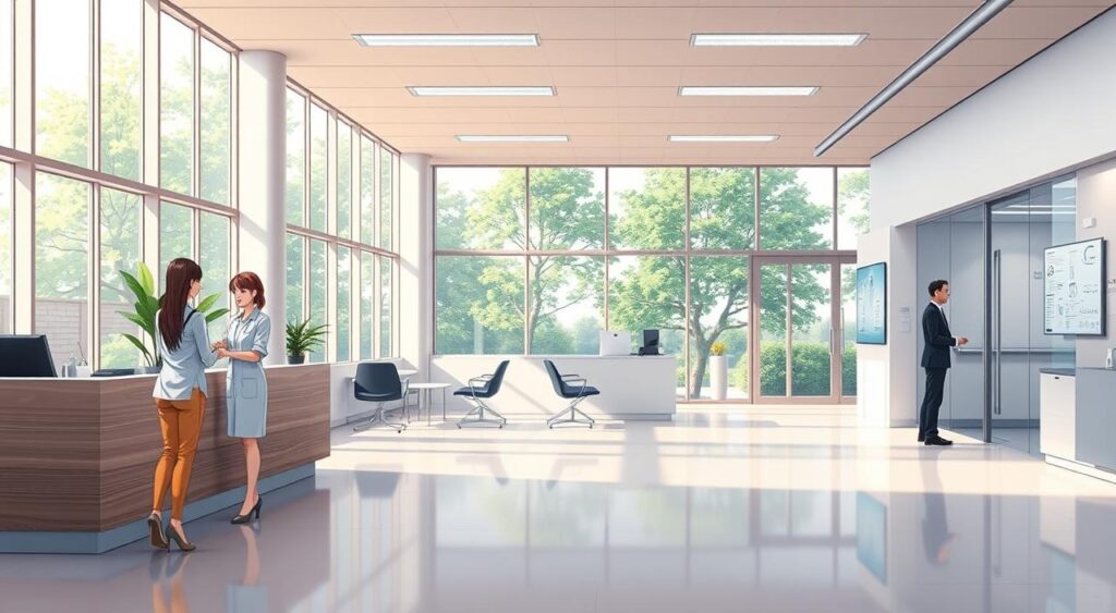 A modern outpatient health unit designed for general surgery, showcasing a spacious and well-organized reception area with friendly staff in professional attire. The foreground features a welcoming nurse assisting patients, while the middle ground includes consultation rooms with clean, bright interiors displaying medical charts and surgical instruments. In the background, large windows provide ample natural light, illuminating the sleek architecture of the building, with greenery visible outside. The scene conveys a sense of professionalism and care, emphasizing the importance of community health services. Use soft and warm lighting to create an inviting atmosphere, maintaining a balanced composition at eye level. The image should be free of any text or logos. A modern outpatient health unit designed for general surgery, showcasing a spacious and well-organized reception area with friendly staff in professional attire. The foreground features a welcoming nurse assisting patients, while the middle ground includes consultation rooms with clean, bright interiors displaying medical charts and surgical instruments. In the background, large windows provide ample natural light, illuminating the sleek architecture of the building, with greenery visible outside. The scene conveys a sense of professionalism and care, emphasizing the importance of community health services. Use soft and warm lighting to create an inviting atmosphere, maintaining a balanced composition at eye level. The image should be free of any text or logos.