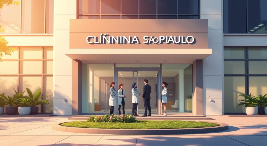 A modern, welcoming facade of a healthcare facility named "Clínica São Paulo," showcasing its institutional structure. In the foreground, feature a clean, well-maintained entrance with large glass doors and a small landscaped area with greenery. The middle ground includes several medical professionals in professional business attire, engaged in conversation, reflecting a sense of collaboration and expertise. In the background, the building's architecture displays large windows and an elegant, contemporary design. The lighting is soft and inviting, suggesting a warm day, with sunlight illuminating the entrance. The atmosphere is calm and reassuring, conveying trust and professionalism in a healthcare setting, ideal for showcasing the clinic's commitment to patient care and excellence. A modern, welcoming facade of a healthcare facility named "Clínica São Paulo," showcasing its institutional structure. In the foreground, feature a clean, well-maintained entrance with large glass doors and a small landscaped area with greenery. The middle ground includes several medical professionals in professional business attire, engaged in conversation, reflecting a sense of collaboration and expertise. In the background, the building's architecture displays large windows and an elegant, contemporary design. The lighting is soft and inviting, suggesting a warm day, with sunlight illuminating the entrance. The atmosphere is calm and reassuring, conveying trust and professionalism in a healthcare setting, ideal for showcasing the clinic's commitment to patient care and excellence.