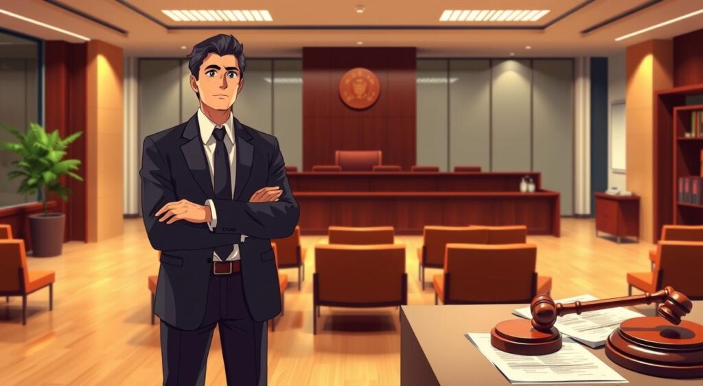 A panoramic view of a Brazilian legal landscape, showcasing elements of criminal and labor law. In the foreground, a professional lawyer in business attire is standing confidently, discussing a case with a concerned client. The middle ground features a modern courtroom with wooden benches and judges' podium, symbolizing the criminal justice environment. In the background, an office scene includes a labor law setting with documents and a gavel on a table, representing workplace rights and advocacy. The lighting is soft and warm, creating an inviting atmosphere that conveys professionalism and seriousness. The camera angle is slightly elevated, capturing the essence of justice and legal complexity, emphasizing the intersection of criminal and labor law in Brazil.