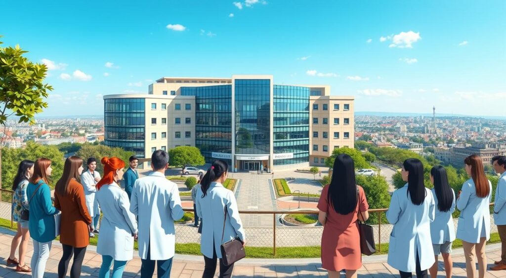 A panoramic view of the Hospital Sírio-Libanês, showcasing its modern architecture and surroundings. In the foreground, a group of diverse medical professionals dressed in professional attire, engaged in discussion, exuding a sense of collaboration and care. In the middle ground, the hospital building stands tall, with its glass facade reflecting the blue sky and greenery around it. A few patients can be seen entering the building, highlighting accessibility and welcome. The background features a cityscape, blending urban life with the serene environment of the hospital. The scene is bathed in soft, natural daylight, creating an inviting and hopeful atmosphere. Capture this image from a slightly elevated angle to emphasize the grandeur of the hospital and its role in the community. A panoramic view of the Hospital Sírio-Libanês, showcasing its modern architecture and surroundings. In the foreground, a group of diverse medical professionals dressed in professional attire, engaged in discussion, exuding a sense of collaboration and care. In the middle ground, the hospital building stands tall, with its glass facade reflecting the blue sky and greenery around it. A few patients can be seen entering the building, highlighting accessibility and welcome. The background features a cityscape, blending urban life with the serene environment of the hospital. The scene is bathed in soft, natural daylight, creating an inviting and hopeful atmosphere. Capture this image from a slightly elevated angle to emphasize the grandeur of the hospital and its role in the community.