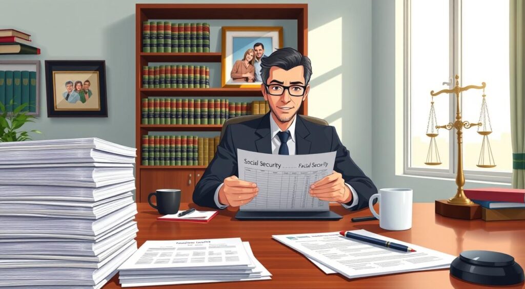 A professional Brazilian lawyer sitting at a polished wooden desk, reviewing legal documents related to social security and retirement benefits. In the foreground, stacks of case files and a laptop open to a pension calculation spreadsheet. The middle ground features a bookshelf filled with law books and a picture frame displaying a family, symbolizing the importance of social security. The background shows a large window with natural light streaming in, casting soft shadows. The atmosphere is serious yet hopeful, reflecting the lawyer’s commitment to helping clients navigate the complexities of the social security system in Brazil. Subtle details like a coffee mug and a legal scale add depth to the scene. A professional Brazilian lawyer sitting at a polished wooden desk, reviewing legal documents related to social security and retirement benefits. In the foreground, stacks of case files and a laptop open to a pension calculation spreadsheet. The middle ground features a bookshelf filled with law books and a picture frame displaying a family, symbolizing the importance of social security. The background shows a large window with natural light streaming in, casting soft shadows. The atmosphere is serious yet hopeful, reflecting the lawyer’s commitment to helping clients navigate the complexities of the social security system in Brazil. Subtle details like a coffee mug and a legal scale add depth to the scene.