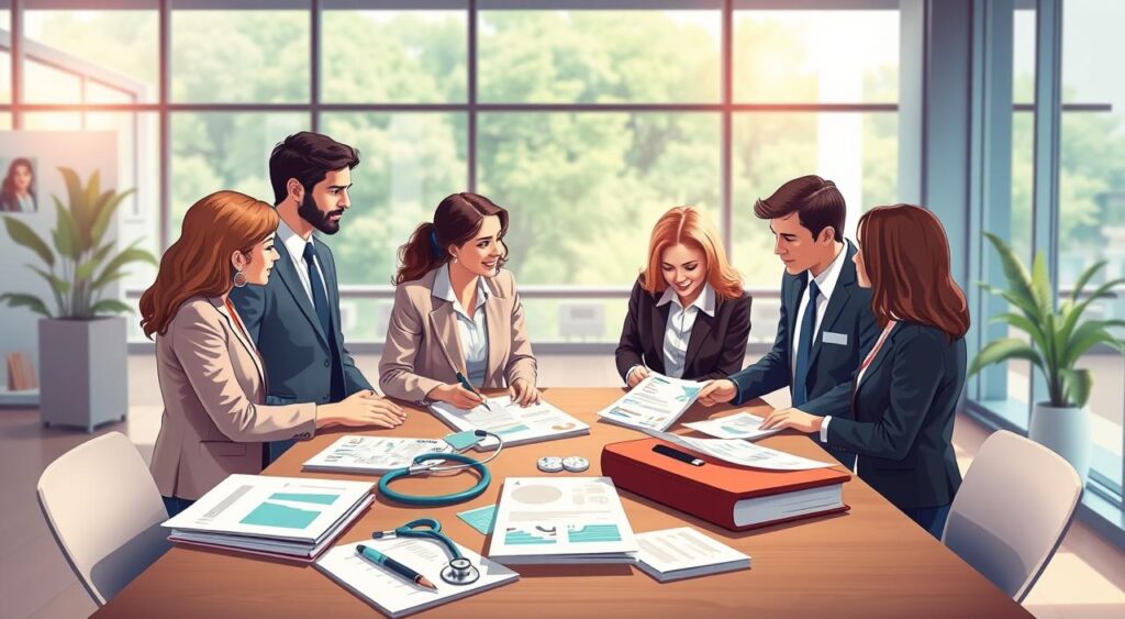 A professional and informative illustration representing "Fundamental Concepts in Supplementary Health." In the foreground, include a diverse group of business professionals in smart attire, engaging in a discussion over a table with healthcare pamphlets and charts. In the middle ground, display symbolic elements of health care, such as a stethoscope, medical cross, and health insurance cards, blending into the scene. In the background, softly focus on a modern office environment with large windows allowing natural light to illuminate the setting, creating a welcoming atmosphere. Capture the mood of collaboration and professionalism with a warm color palette, and use a slightly elevated angle for a comprehensive view of the interaction, emphasizing clarity and context. A professional and informative illustration representing "Fundamental Concepts in Supplementary Health." In the foreground, include a diverse group of business professionals in smart attire, engaging in a discussion over a table with healthcare pamphlets and charts. In the middle ground, display symbolic elements of health care, such as a stethoscope, medical cross, and health insurance cards, blending into the scene. In the background, softly focus on a modern office environment with large windows allowing natural light to illuminate the setting, creating a welcoming atmosphere. Capture the mood of collaboration and professionalism with a warm color palette, and use a slightly elevated angle for a comprehensive view of the interaction, emphasizing clarity and context.