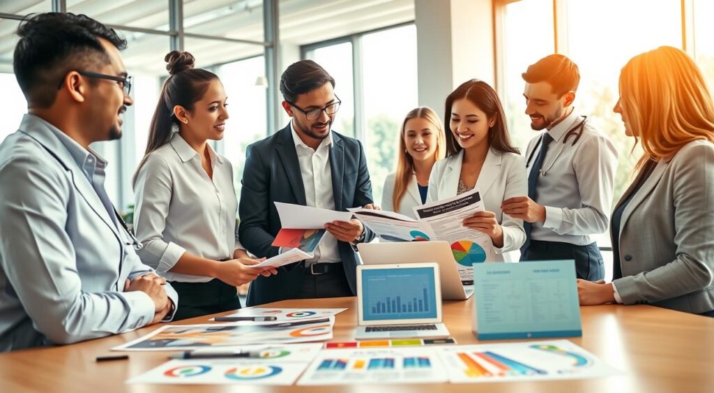 A professional business environment showcasing various health insurance plans. In the foreground, a diverse group of business professionals in smart attire engaging in a discussion around a table, examining brochures and documents about health and dental plans. In the middle ground, visual elements such as colorful infographics or charts depicting insurance coverage options are placed on the table, highlighting the theme "modalidades cobertura saúde." The background features a modern office space with large windows allowing natural light to cascade in, creating a warm and inviting atmosphere. The scene has a bright, optimistic mood, symbolizing collaboration and understanding in workplace health solutions. The angle is slightly elevated, capturing both the lively discussion and the informative materials displayed.