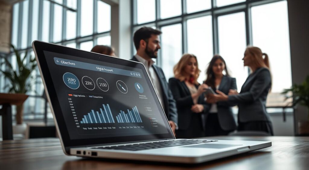 A professional digital guide layout representing the objectives of a digital account. In the foreground, a sleek laptop is open, displaying financial graphs and digital interfaces with icons symbolizing zero fees and easy transactions. In the middle, a group of diverse professionals dressed in business attire, engaged in a focused discussion, analyzing digital finance tools. The background features a modern office space filled with bright, natural light coming through large windows, reflecting a sense of clarity and innovation. The atmosphere is collaborative and forward-thinking, suggesting an environment conducive to learning about digital banking in 2026. The image is captured at a slight angle, creating depth and drawing the viewer's eye to the interaction among the professionals. A professional digital guide layout representing the objectives of a digital account. In the foreground, a sleek laptop is open, displaying financial graphs and digital interfaces with icons symbolizing zero fees and easy transactions. In the middle, a group of diverse professionals dressed in business attire, engaged in a focused discussion, analyzing digital finance tools. The background features a modern office space filled with bright, natural light coming through large windows, reflecting a sense of clarity and innovation. The atmosphere is collaborative and forward-thinking, suggesting an environment conducive to learning about digital banking in 2026. The image is captured at a slight angle, creating depth and drawing the viewer's eye to the interaction among the professionals.