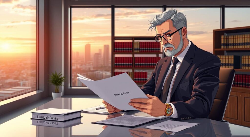 A professional family lawyer sitting at a sleek, modern office desk, reviewing legal documents related to family law in Brazil. The foreground features the lawyer, a middle-aged person in formal business attire, thoughtfully examining a folder labeled "Direito de Família". In the middle ground, shelves filled with law books and family law references are visible, enhancing the context. The background shows a large window with a view of a city skyline during sunset, casting warm, inviting light into the room. The atmosphere is one of professionalism and diligence, reflecting the serious nature of family law topics such as divorce, child support, and inheritance. The composition emphasizes clarity and focus, without any distractions or text elements.