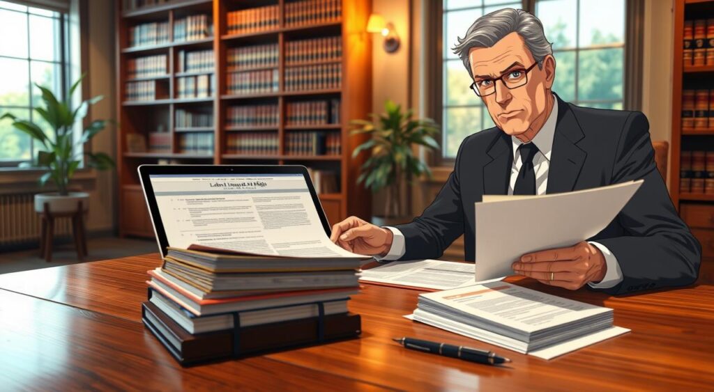 A professional lawyer specializing in labor and consumer rights, depicted in an office setting. The foreground features the lawyer, a middle-aged individual in a tailored suit with a confident expression, reviewing legal documents on a stylish oak desk. In the middle ground, a laptop displays legal resources, alongside a stack of case files and a pen. The background reveals a wall of bookshelves filled with law books, a potted plant, and large windows allowing warm, natural light to fill the room. The atmosphere is serious yet inviting, emphasizing professionalism and expertise. Focused lighting highlights the lawyer’s face and the documents, captured with a slight depth of field for an immersive effect. A professional lawyer specializing in labor and consumer rights, depicted in an office setting. The foreground features the lawyer, a middle-aged individual in a tailored suit with a confident expression, reviewing legal documents on a stylish oak desk. In the middle ground, a laptop displays legal resources, alongside a stack of case files and a pen. The background reveals a wall of bookshelves filled with law books, a potted plant, and large windows allowing warm, natural light to fill the room. The atmosphere is serious yet inviting, emphasizing professionalism and expertise. Focused lighting highlights the lawyer’s face and the documents, captured with a slight depth of field for an immersive effect.