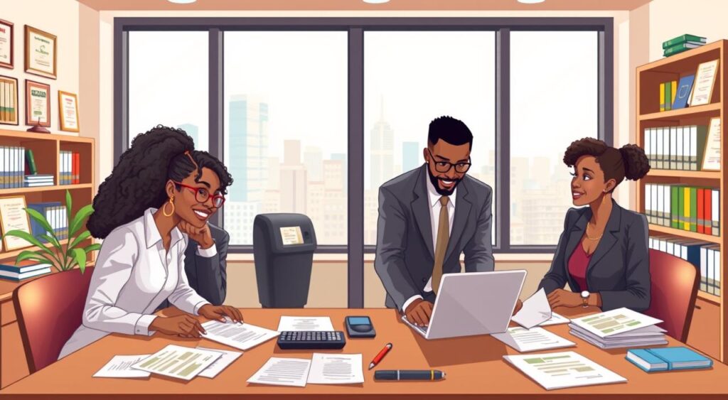 A professional office environment showcasing the process of business formalization. In the foreground, a diverse group of three individuals in formal business attire, engaged in a discussion around a table filled with paperwork, a laptop, and a calculator. The middle ground features a large window letting in natural light, with a cityscape view. On the walls, framed certificates and business licenses are visible. The background includes a bookshelf filled with business books and binders, adding to the atmosphere of professionalism and focus. The lighting is bright and inviting, creating an atmosphere of motivation and clarity. The scene should convey a sense of purpose and dedication to starting a new business venture, embodying the theme of entrepreneurship. A professional office environment showcasing the process of business formalization. In the foreground, a diverse group of three individuals in formal business attire, engaged in a discussion around a table filled with paperwork, a laptop, and a calculator. The middle ground features a large window letting in natural light, with a cityscape view. On the walls, framed certificates and business licenses are visible. The background includes a bookshelf filled with business books and binders, adding to the atmosphere of professionalism and focus. The lighting is bright and inviting, creating an atmosphere of motivation and clarity. The scene should convey a sense of purpose and dedication to starting a new business venture, embodying the theme of entrepreneurship.