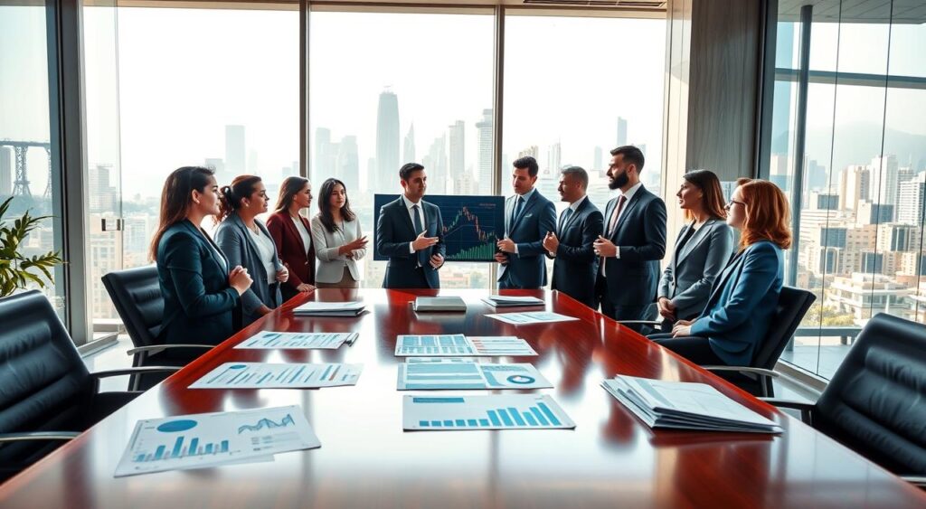 A professional office setting depicting the Brazilian economic landscape in 2025/2026, emphasizing the theme of dividends. In the foreground, a polished wooden conference table with financial reports and graphs, showcasing rising trends in investment. In the middle, a diverse group of business professionals, dressed in smart business attire, engaged in animated discussion, analyzing data on a digital screen displaying stock performance charts. In the background, large windows reveal a city skyline of São Paulo, under bright daylight, symbolizing economic growth and opportunity. Soft, natural light filters in, creating an optimistic and vibrant atmosphere, while the overall composition conveys a sense of collaboration and financial prosperity. A professional office setting depicting the Brazilian economic landscape in 2025/2026, emphasizing the theme of dividends. In the foreground, a polished wooden conference table with financial reports and graphs, showcasing rising trends in investment. In the middle, a diverse group of business professionals, dressed in smart business attire, engaged in animated discussion, analyzing data on a digital screen displaying stock performance charts. In the background, large windows reveal a city skyline of São Paulo, under bright daylight, symbolizing economic growth and opportunity. Soft, natural light filters in, creating an optimistic and vibrant atmosphere, while the overall composition conveys a sense of collaboration and financial prosperity.