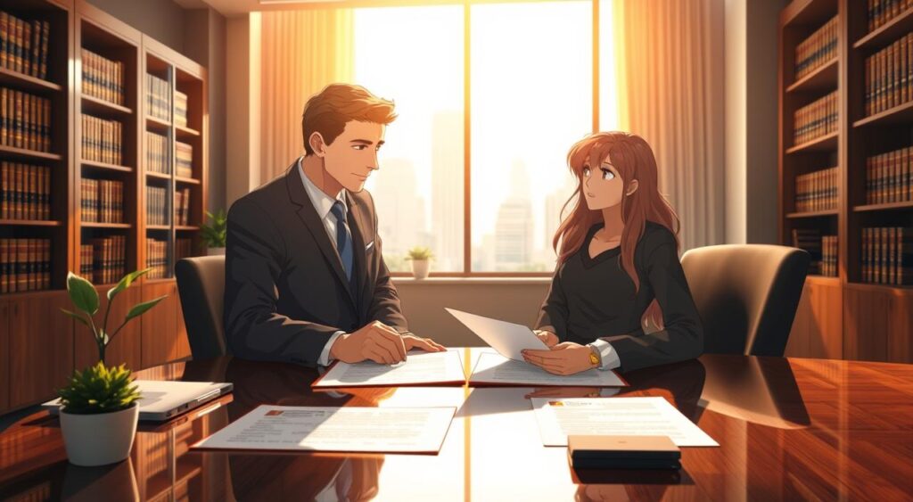 A professional real estate lawyer in an upscale office environment, wearing a smart suit, engaged in discussing property documents with a couple, who appear attentive and concerned. The foreground features a polished wooden desk with legal papers, a laptop, and a small potted plant. In the background, there are bookshelves filled with legal texts and a large window showing a city skyline under bright daylight. The lighting is warm and inviting, casting soft shadows, creating a sense of trust and professionalism. The angle captures the interaction from slightly above, emphasizing the lawyer's expertise in real estate transactions, such as sales and leases, while illustrating their supportive role in property legalization processes. The atmosphere is focused and collaborative. A professional real estate lawyer in an upscale office environment, wearing a smart suit, engaged in discussing property documents with a couple, who appear attentive and concerned. The foreground features a polished wooden desk with legal papers, a laptop, and a small potted plant. In the background, there are bookshelves filled with legal texts and a large window showing a city skyline under bright daylight. The lighting is warm and inviting, casting soft shadows, creating a sense of trust and professionalism. The angle captures the interaction from slightly above, emphasizing the lawyer's expertise in real estate transactions, such as sales and leases, while illustrating their supportive role in property legalization processes. The atmosphere is focused and collaborative.