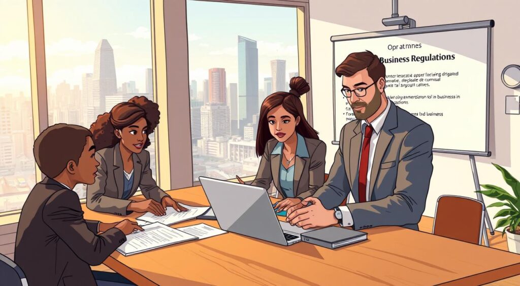 A professional setting depicting the process of opening a business in São Paulo, Brazil. In the foreground, a diverse group of business people, including a Black woman and a Caucasian man, dressed in smart business attire, are engaged in a discussion over documents and a laptop on a modern wooden table. The middle ground features an office space with large windows that provide a view of São Paulo’s iconic skyline, showcasing a blend of historic and contemporary architecture. The background includes a whiteboard filled with notes and a digital projector displaying a PowerPoint slide about business regulations. The atmosphere is focused and collaborative, with warm natural lighting pouring in, creating an inviting and productive mood. Shot with a slight angle to emphasize the engagement of the team. A professional setting depicting the process of opening a business in São Paulo, Brazil. In the foreground, a diverse group of business people, including a Black woman and a Caucasian man, dressed in smart business attire, are engaged in a discussion over documents and a laptop on a modern wooden table. The middle ground features an office space with large windows that provide a view of São Paulo’s iconic skyline, showcasing a blend of historic and contemporary architecture. The background includes a whiteboard filled with notes and a digital projector displaying a PowerPoint slide about business regulations. The atmosphere is focused and collaborative, with warm natural lighting pouring in, creating an inviting and productive mood. Shot with a slight angle to emphasize the engagement of the team.