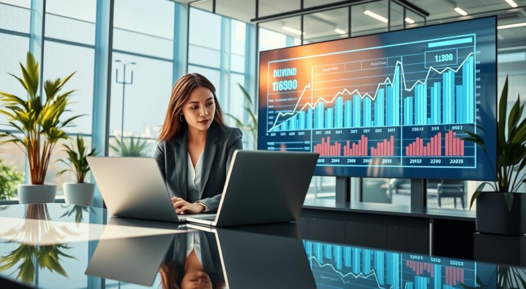 A professional setting illustrating the concept of dividends. In the foreground, a businesswoman in smart attire sits at a sleek desk, analyzing financial charts and graphs on a laptop with focused expression. In the middle ground, a large digital display shows visual representations of dividend payouts, with upward-trending graphs showcasing growth. The background features a modern office environment with glass walls, plants, and natural light flooding in, creating a bright and professional atmosphere. The lighting highlights the reflective surfaces, emphasizing a sense of clarity and optimism. The mood is informative and positive, underscoring the importance of understanding dividends in finance.