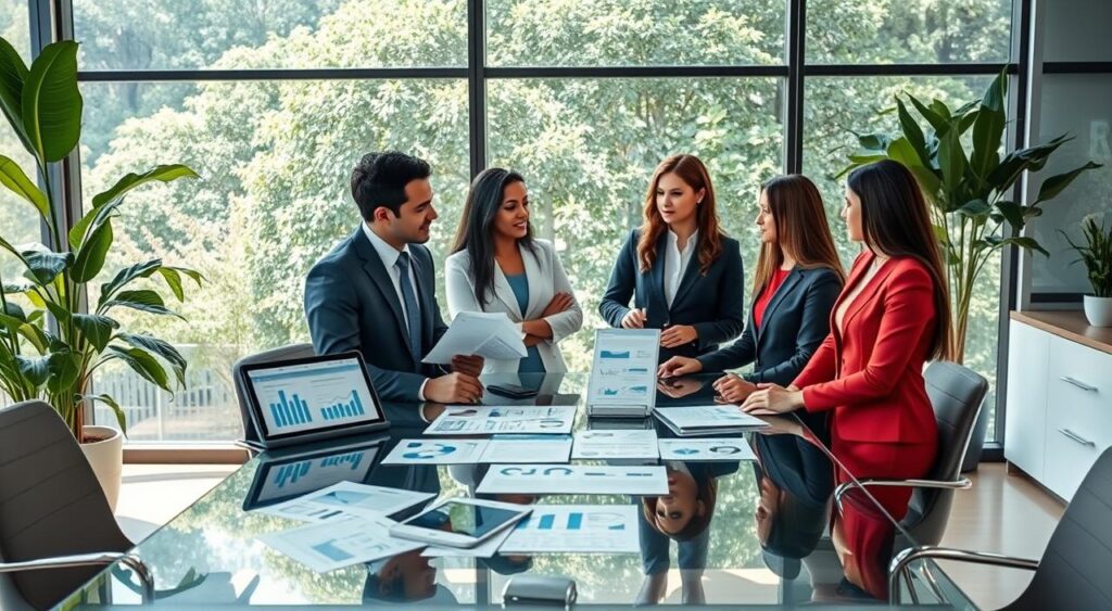 A professional setting showcasing a modern healthcare office in Brazil, symbolizing health insurance. In the foreground, a diverse group of three individuals in smart business attire—one male, two females of different ethnicities—discussing health insurance options around a sleek, glass table. In the middle ground, an array of health-related documents and digital devices displaying graphs and statistics about health coverage in Brazil. The background features a large window with lush greenery, casting soft, natural light into the office, enhancing a calm and inviting atmosphere. The overall mood is informative and supportive, emphasizing the importance of health coverage in Brazil. Use a wide-angle lens to capture the full environment, ensuring clarity and a professional look. A professional setting showcasing a modern healthcare office in Brazil, symbolizing health insurance. In the foreground, a diverse group of three individuals in smart business attire—one male, two females of different ethnicities—discussing health insurance options around a sleek, glass table. In the middle ground, an array of health-related documents and digital devices displaying graphs and statistics about health coverage in Brazil. The background features a large window with lush greenery, casting soft, natural light into the office, enhancing a calm and inviting atmosphere. The overall mood is informative and supportive, emphasizing the importance of health coverage in Brazil. Use a wide-angle lens to capture the full environment, ensuring clarity and a professional look.