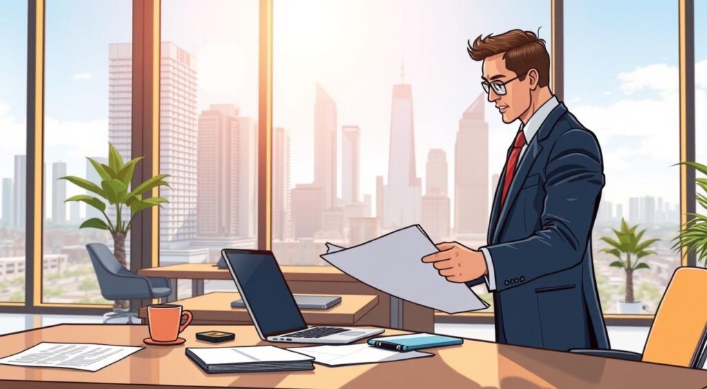 A professional setting showcasing the opening of a business. In the foreground, a well-dressed businessperson, wearing formal attire, is reviewing documents and plans on a desk. The middle ground features a stylish, modern office with a large window allowing natural light to stream in, creating a bright and optimistic atmosphere. On the desk are business-related items like a laptop, notepad, and a coffee cup. In the background, there is a city view with tall buildings and a blue sky, symbolizing growth and opportunity. The lighting should be warm and inviting, emphasizing a sense of professionalism and readiness for new beginnings, captured at a slightly elevated angle for depth and perspective. A professional setting showcasing the opening of a business. In the foreground, a well-dressed businessperson, wearing formal attire, is reviewing documents and plans on a desk. The middle ground features a stylish, modern office with a large window allowing natural light to stream in, creating a bright and optimistic atmosphere. On the desk are business-related items like a laptop, notepad, and a coffee cup. In the background, there is a city view with tall buildings and a blue sky, symbolizing growth and opportunity. The lighting should be warm and inviting, emphasizing a sense of professionalism and readiness for new beginnings, captured at a slightly elevated angle for depth and perspective.