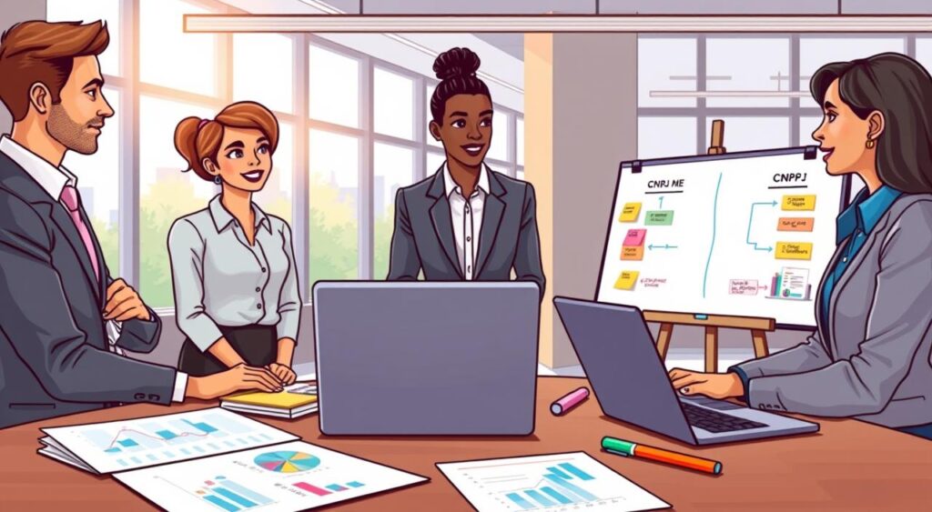 A professional team of four diverse individuals in business attire, engaged in a discussion around a table filled with documents and a laptop. In the foreground, the table displays a folder labeled "CNPJ ME" alongside charts and graphs depicting business growth. In the middle ground, a whiteboard with a flowchart outlining the steps for opening a microenterprise in Brazil, featuring colorful markers and sticky notes. The background shows a modern office setting with large windows allowing natural light to illuminate the scene, creating a welcoming and energetic atmosphere. The overall mood should convey collaboration and professionalism, emphasizing the process of formalizing a microenterprise. Soft focus on the details, ensuring key elements are sharp and vibrant. A professional team of four diverse individuals in business attire, engaged in a discussion around a table filled with documents and a laptop. In the foreground, the table displays a folder labeled "CNPJ ME" alongside charts and graphs depicting business growth. In the middle ground, a whiteboard with a flowchart outlining the steps for opening a microenterprise in Brazil, featuring colorful markers and sticky notes. The background shows a modern office setting with large windows allowing natural light to illuminate the scene, creating a welcoming and energetic atmosphere. The overall mood should convey collaboration and professionalism, emphasizing the process of formalizing a microenterprise. Soft focus on the details, ensuring key elements are sharp and vibrant.