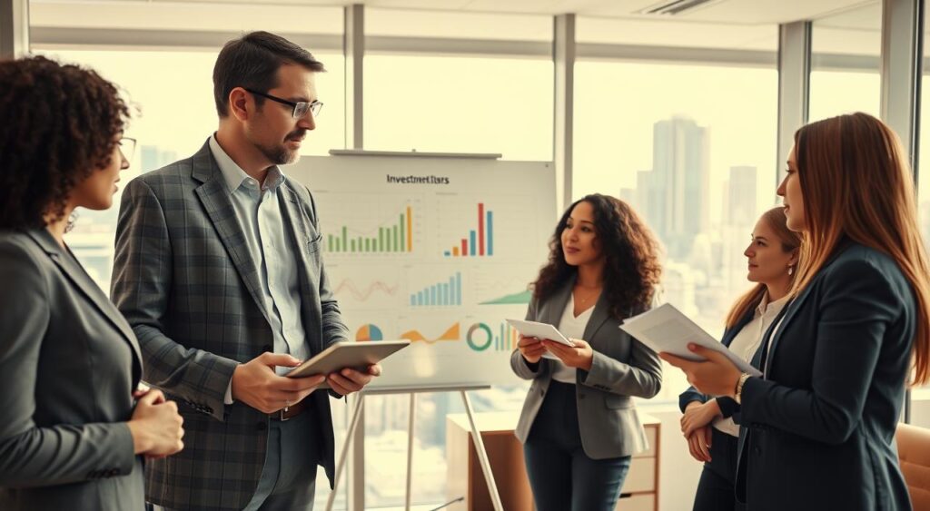A professional, well-lit office environment showcasing a diverse group of individuals engaged in financial discussions. In the foreground, a middle-aged man in business attire is explaining investment strategies with a tablet in hand. Beside him, a young woman in smart casual attire is taking notes while looking interested. In the middle ground, a large whiteboard displays colorful graphs and charts representing financial growth and investment concepts. The background features a large window allowing natural light to flood the room, hinting at a bustling city skyline outside, symbolizing opportunity and growth. The mood is focused and dynamic, reflecting a productive atmosphere as the team collaborates on financial literacy and investment strategies. A professional, well-lit office environment showcasing a diverse group of individuals engaged in financial discussions. In the foreground, a middle-aged man in business attire is explaining investment strategies with a tablet in hand. Beside him, a young woman in smart casual attire is taking notes while looking interested. In the middle ground, a large whiteboard displays colorful graphs and charts representing financial growth and investment concepts. The background features a large window allowing natural light to flood the room, hinting at a bustling city skyline outside, symbolizing opportunity and growth. The mood is focused and dynamic, reflecting a productive atmosphere as the team collaborates on financial literacy and investment strategies.