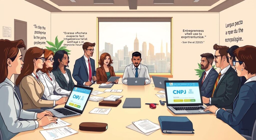 A professional workspace depicting the formalization of businesses in Brazil. In the foreground, a group of diverse business professionals, dressed in formal business attire, is engaged in discussion around a modern conference table scattered with documents, laptops, and a laptop displaying the CNPJ website. The middle layer features a large window letting in natural light, providing a view of a vibrant cityscape hinting at a bustling business district outside. In the background, motivational quotes about entrepreneurship adorn the walls. The atmosphere is focused and productive, with a warm and inviting color palette. Shot with a slight angle to emphasize depth, and soft lighting that enhances the professionalism of the scene, capturing the essence of business formation and legal processes. A professional workspace depicting the formalization of businesses in Brazil. In the foreground, a group of diverse business professionals, dressed in formal business attire, is engaged in discussion around a modern conference table scattered with documents, laptops, and a laptop displaying the CNPJ website. The middle layer features a large window letting in natural light, providing a view of a vibrant cityscape hinting at a bustling business district outside. In the background, motivational quotes about entrepreneurship adorn the walls. The atmosphere is focused and productive, with a warm and inviting color palette. Shot with a slight angle to emphasize depth, and soft lighting that enhances the professionalism of the scene, capturing the essence of business formation and legal processes.