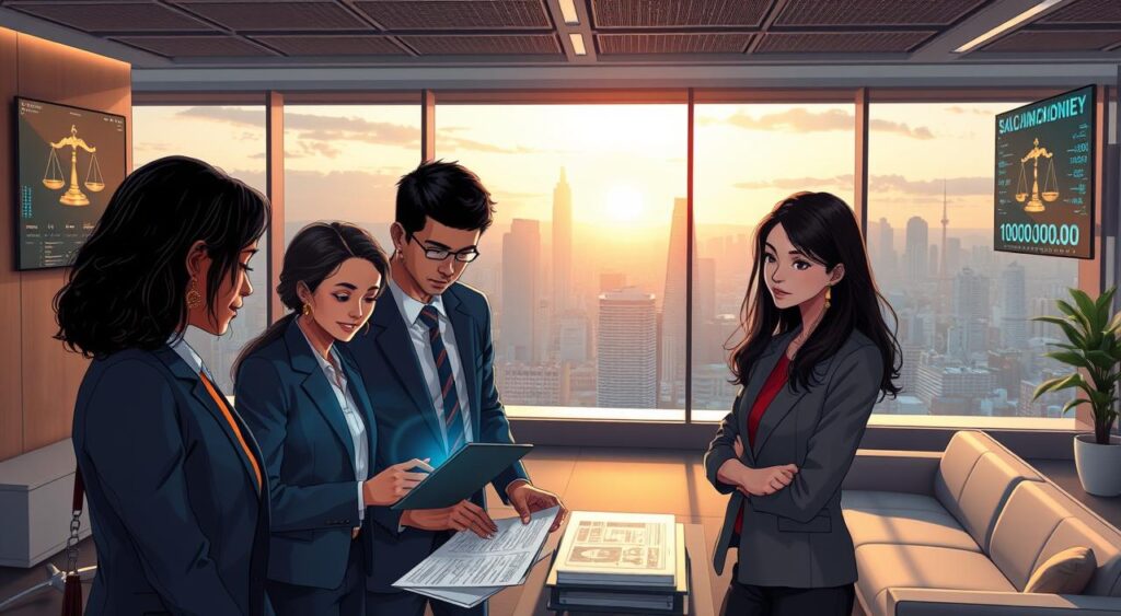 A sophisticated illustration of digital law and labor rights in Brazil in 2025. In the foreground, a diverse group of three professionals dressed in business attire, a middle-aged Afro-Brazilian woman, a young Asian man, and a Latino woman, are intently discussing over a tablet displaying legal documents. In the middle ground, a sleek office environment features modern furniture, large windows with a cityscape view, and digital billboards showing symbols of technology and law, like scales of justice intertwined with binary code. The background showcases a skyline of São Paulo, with the sun setting, creating a warm, optimistic glow that reflects the progressive nature of digital law. The atmosphere is focused and professional, highlighting a blend of tradition and modernity in the realm of legal practice.