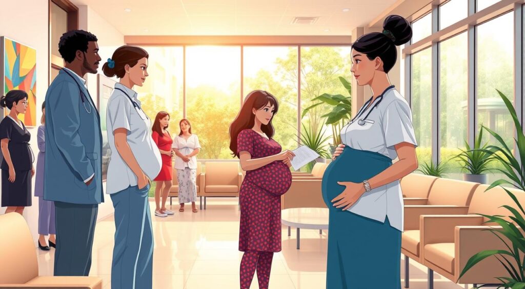 A specialized maternity hospital in São Paulo, showcasing a modern and welcoming environment. In the foreground, a diverse group of expectant mothers and healthcare professionals, dressed in professional attire, engaging in discussion. The middle ground features a warm, well-lit waiting area with comfortable seating and colorful artwork on the walls. A nurse assists a mother with health materials, embodying a sense of care and support. The background shows large windows with natural light flooding in, overlooking a landscaped garden, enhancing the atmosphere of tranquility and hope. The mood is uplifting and nurturing, reflecting a focus on the personal and professional aspects of private childbirth services in São Paulo.