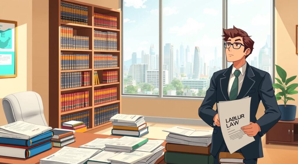 A thoughtful and professional scene depicting Brazilian labor law. In the foreground, an attorney dressed in formal business attire, holding legal documents, with a focused expression, stands by a desk cluttered with statutes and labor law books. The middle ground features a well-organized office space, where a large bookshelf filled with law books and legal references provides context. In the background, a large window showcases a bustling cityscape, symbolizing the dynamic nature of labor relations. Soft, natural light streams through the window, casting gentle shadows that enhance the professional atmosphere. The mood is serious and contemplative, conveying the importance of legal expertise in navigating labor rights and employer obligations in Brazil.