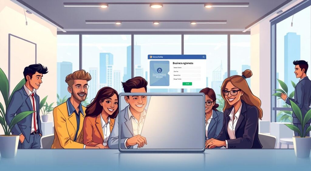 A vibrant and detailed illustration of the digital process of opening a business in Brazil. In the foreground, a diverse group of professional individuals, dressed in business attire, collaborate around a laptop displaying a business registration website. The middle ground features a modern office setting with a sleek design, incorporating elements like plants and contemporary furnishings. In the background, a large window reveals a bustling Brazilian cityscape, hinting at the entrepreneurial spirit. The lighting is soft and bright, evoking a sense of optimism and professionalism, with a focus on the screen's glow illuminating the faces of the individuals. The overall atmosphere is energetic and supportive, emphasizing teamwork and innovation in the digital business landscape of Brazil. A vibrant and detailed illustration of the digital process of opening a business in Brazil. In the foreground, a diverse group of professional individuals, dressed in business attire, collaborate around a laptop displaying a business registration website. The middle ground features a modern office setting with a sleek design, incorporating elements like plants and contemporary furnishings. In the background, a large window reveals a bustling Brazilian cityscape, hinting at the entrepreneurial spirit. The lighting is soft and bright, evoking a sense of optimism and professionalism, with a focus on the screen's glow illuminating the faces of the individuals. The overall atmosphere is energetic and supportive, emphasizing teamwork and innovation in the digital business landscape of Brazil.