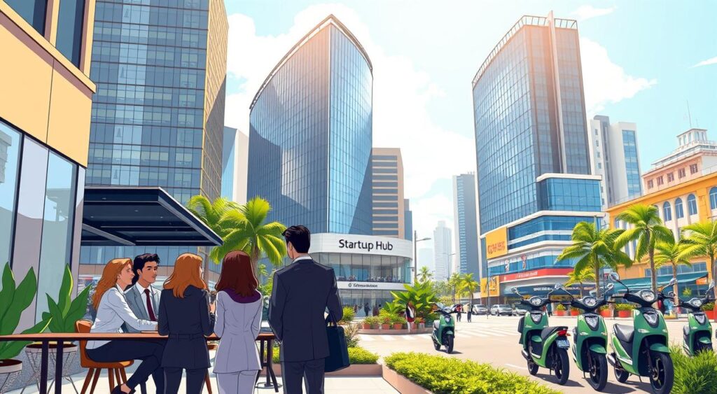 A vibrant business landscape in Brazil, showcasing a bustling urban setting with modern skyscrapers symbolizing growth and opportunity. In the foreground, a diverse group of professionals in smart business attire engage in a brainstorming session outside a contemporary café with outdoor seating. The middle ground features a sleek, glass building labeled "Startup Hub," while a lively street with electric scooters and green spaces adds energy. The sky is bright and sunny, illuminating the scene with warm, inviting light. The atmosphere is one of innovation and ease, reflecting a simplified and accessible business environment in Brazil for 2025, emphasizing collaboration and entrepreneurship.