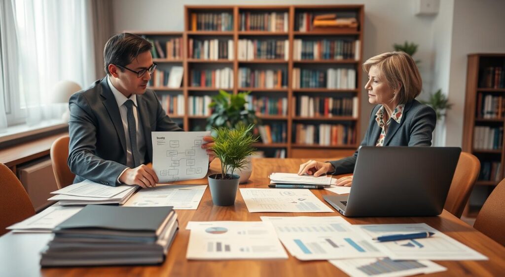 A well-organized workspace showcasing a family financial planning session, with a large wooden table at the foreground filled with financial documents, charts, and a laptop. On one side, a professional man in a tailored suit and a modestly dressed woman are engaged in discussion, pointing at a financial flow chart. In the middle, a potted plant adds a touch of greenery, while in the background, a soft focus bookshelf filled with finance books creates a scholarly atmosphere. The lighting is soft and warm, emulating a welcoming, productive environment. The angle of the shot is slightly elevated, providing a comprehensive view of the planning process, evoking a sense of collaboration and teamwork. A well-organized workspace showcasing a family financial planning session, with a large wooden table at the foreground filled with financial documents, charts, and a laptop. On one side, a professional man in a tailored suit and a modestly dressed woman are engaged in discussion, pointing at a financial flow chart. In the middle, a potted plant adds a touch of greenery, while in the background, a soft focus bookshelf filled with finance books creates a scholarly atmosphere. The lighting is soft and warm, emulating a welcoming, productive environment. The angle of the shot is slightly elevated, providing a comprehensive view of the planning process, evoking a sense of collaboration and teamwork.